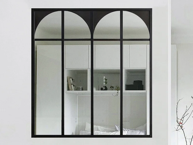 Przeszklona ścianka w stylu art deco z aluminium malowanego proszkowo 120 x 105 cm - Czarny - ARCADEA