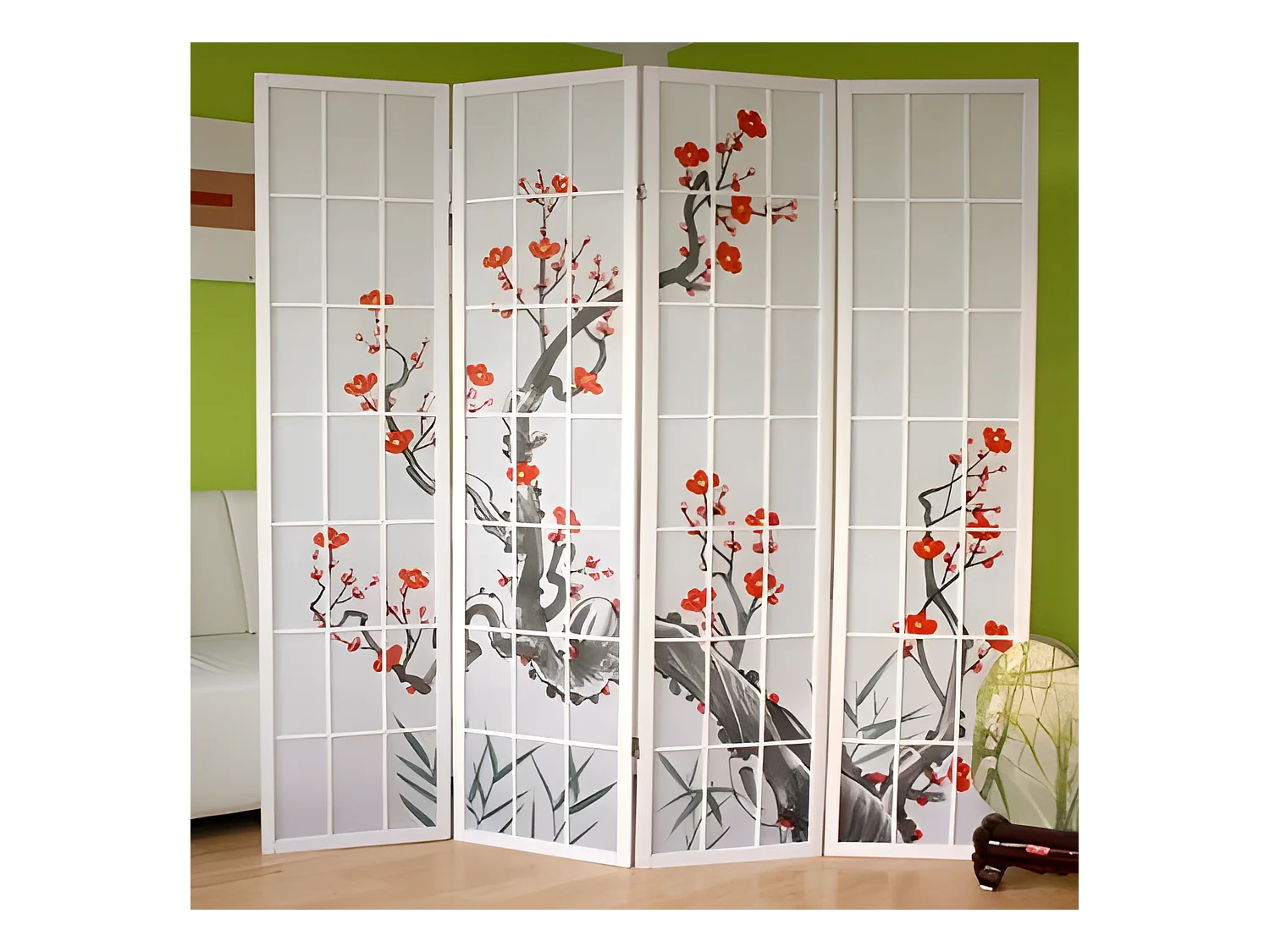 Paravent 4 panneaux japonais bois blanche 176 x 2.2 x 175 cm PAR06017