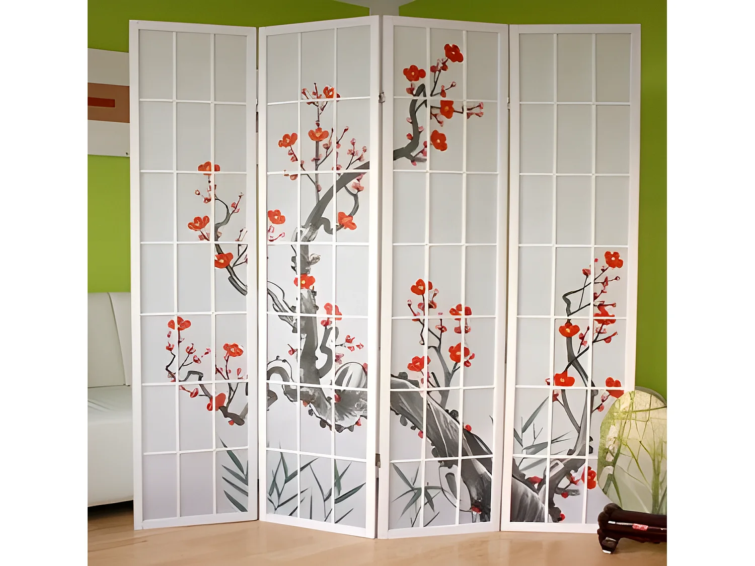 Paravent 4 panneaux japonais bois blanche 176 x 2.2 x 175 cm PAR06017