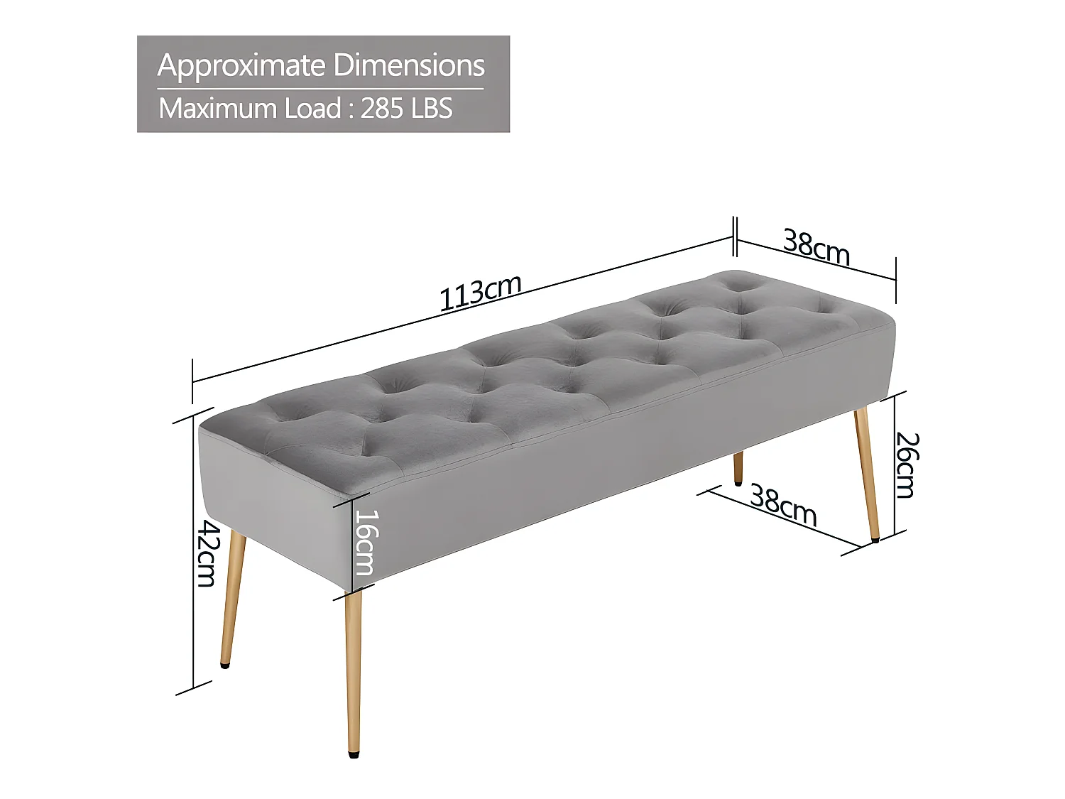 Banc banquette rembourré capitonné métal grise 113 x 38 x 42 cm BAN09008