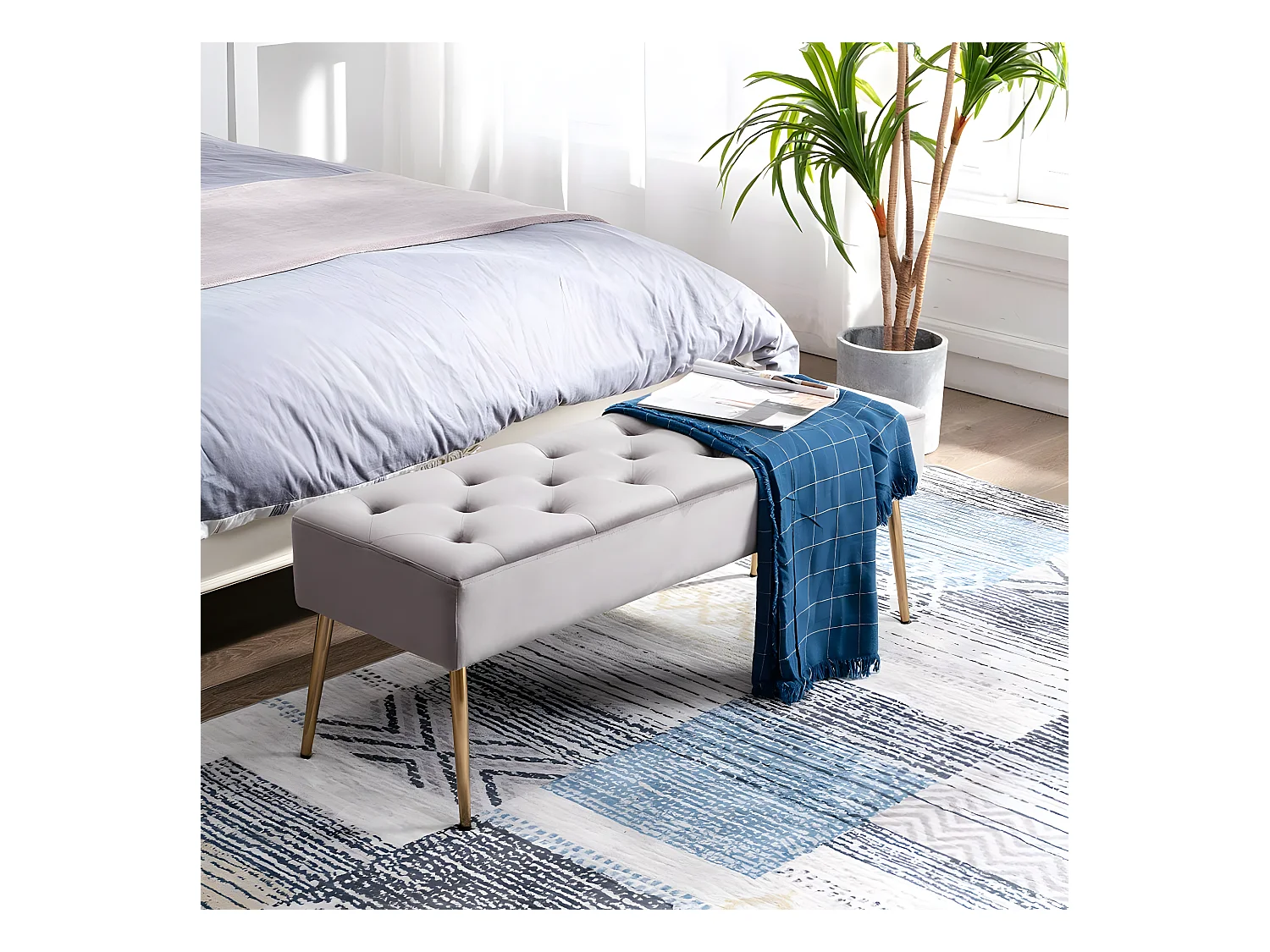 Banc banquette rembourré capitonné métal grise 113 x 38 x 42 cm BAN09008