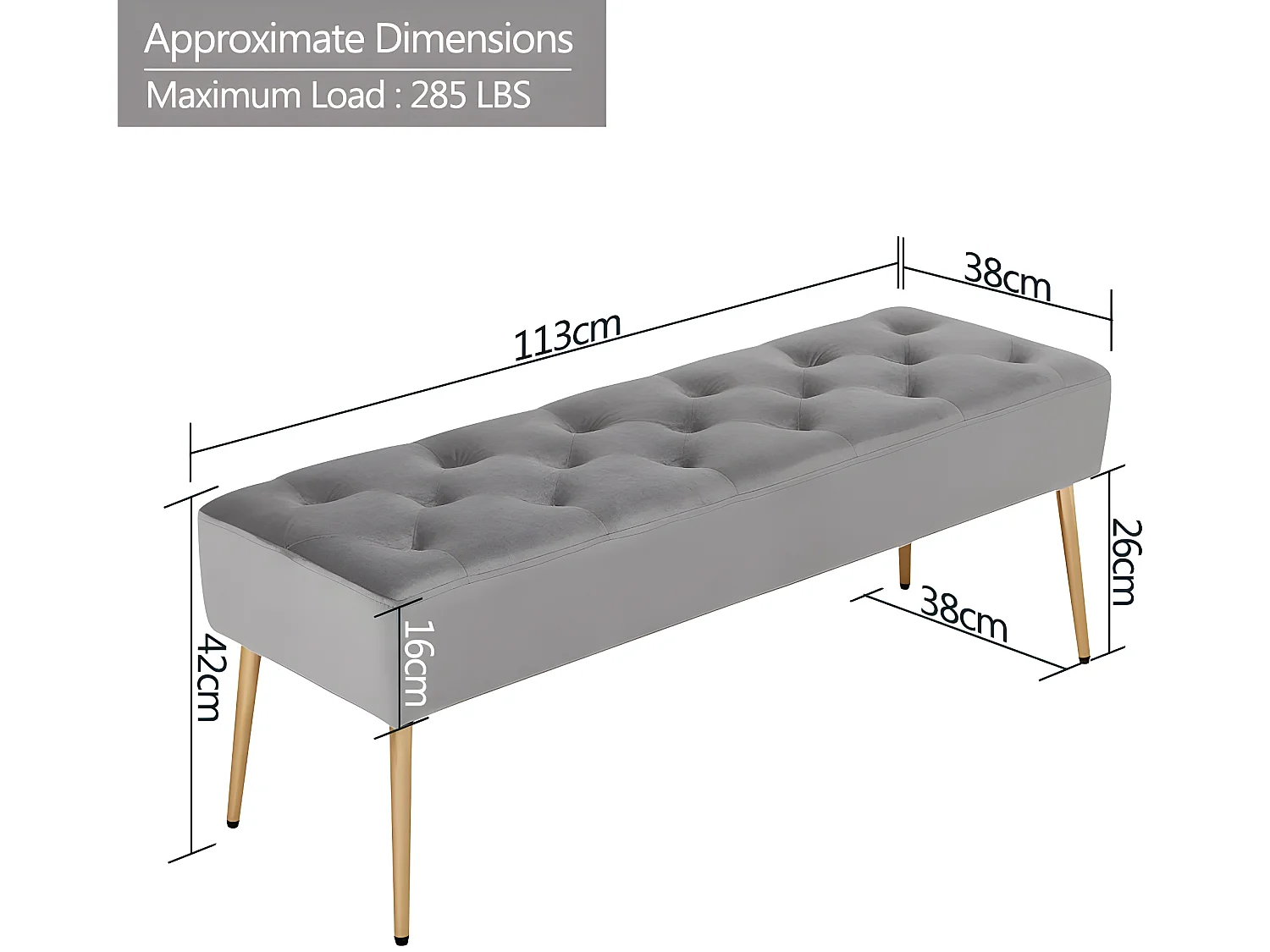 Banc banquette rembourré capitonné métal grise 113 x 38 x 42 cm BAN09008