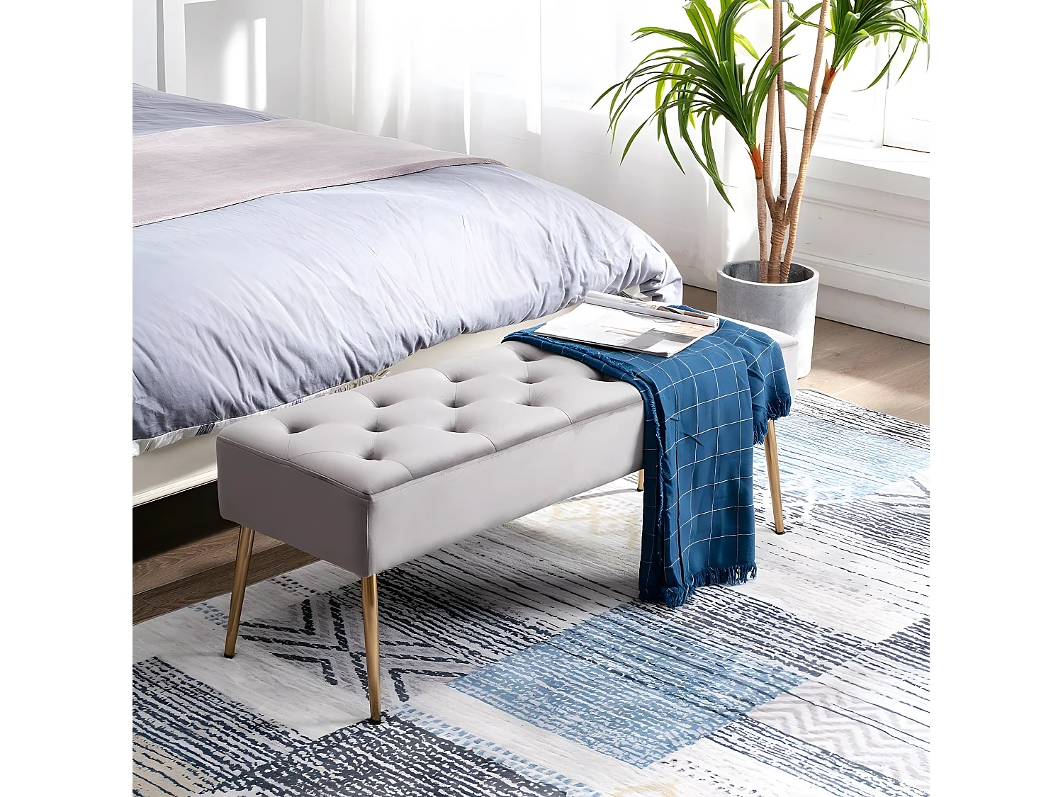 Banc banquette rembourré capitonné métal grise 113 x 38 x 42 cm BAN09008