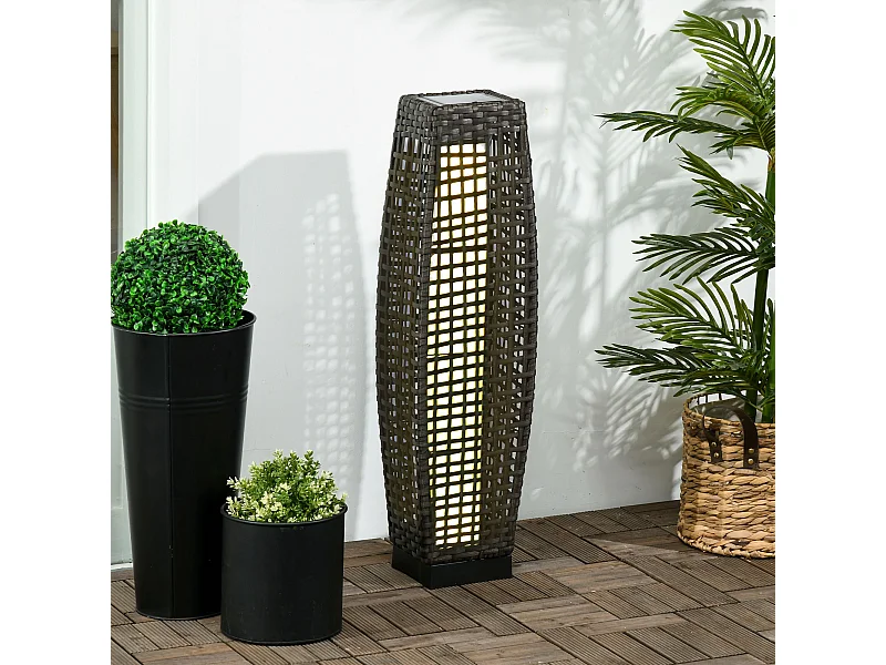 Lampadaire LED solaire de jardin style colonial dim. 21L x 21l x 78H cm résine tressée filaire grise