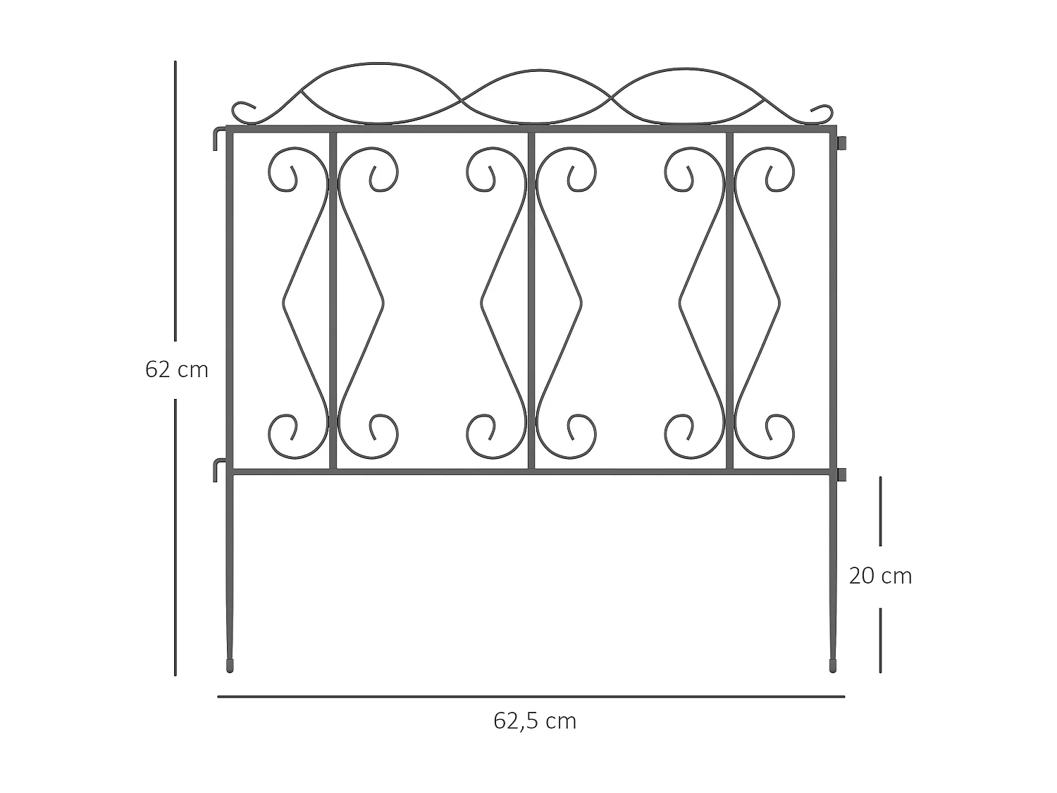 Lot de 4 clôtures de jardin décoratives en métal avec ornements - dim. totales 252L x 62H cm - noir