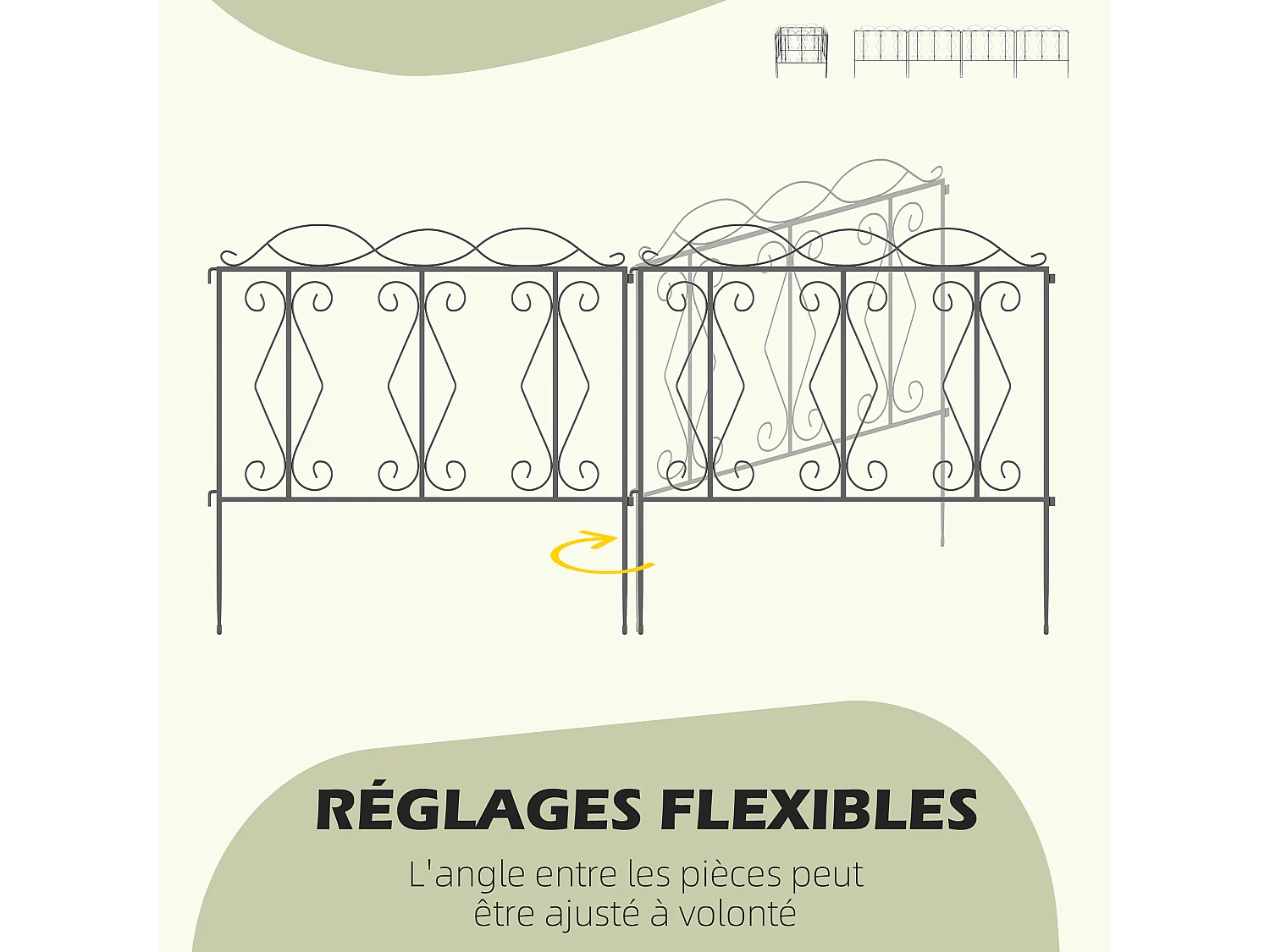 Lot de 4 clôtures de jardin décoratives en métal avec ornements - dim. totales 252L x 62H cm - noir