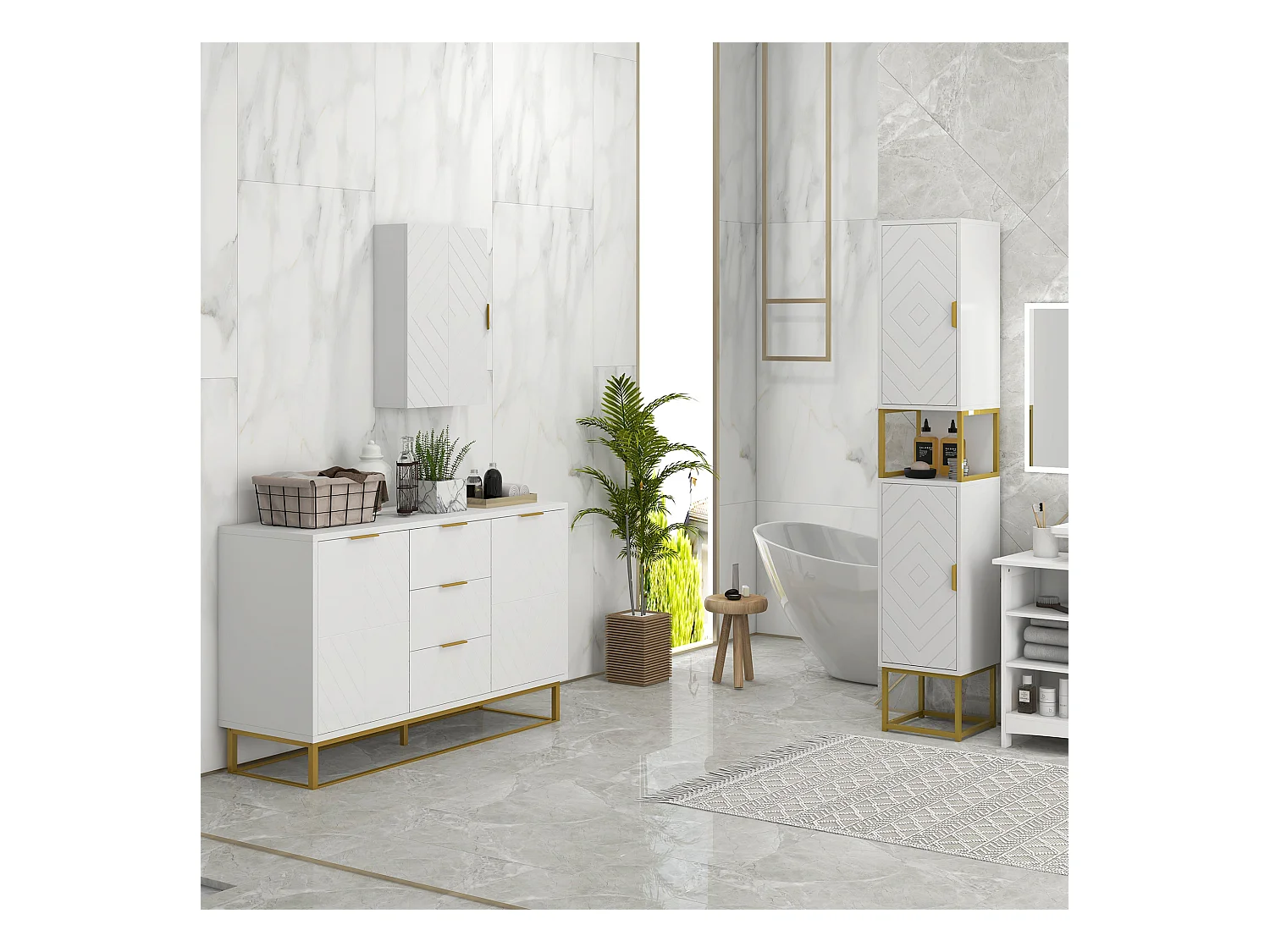 Meuble colonne rangement salle de bain design - 2 portes, 2 étagères, niche - acier doré MDF blanc