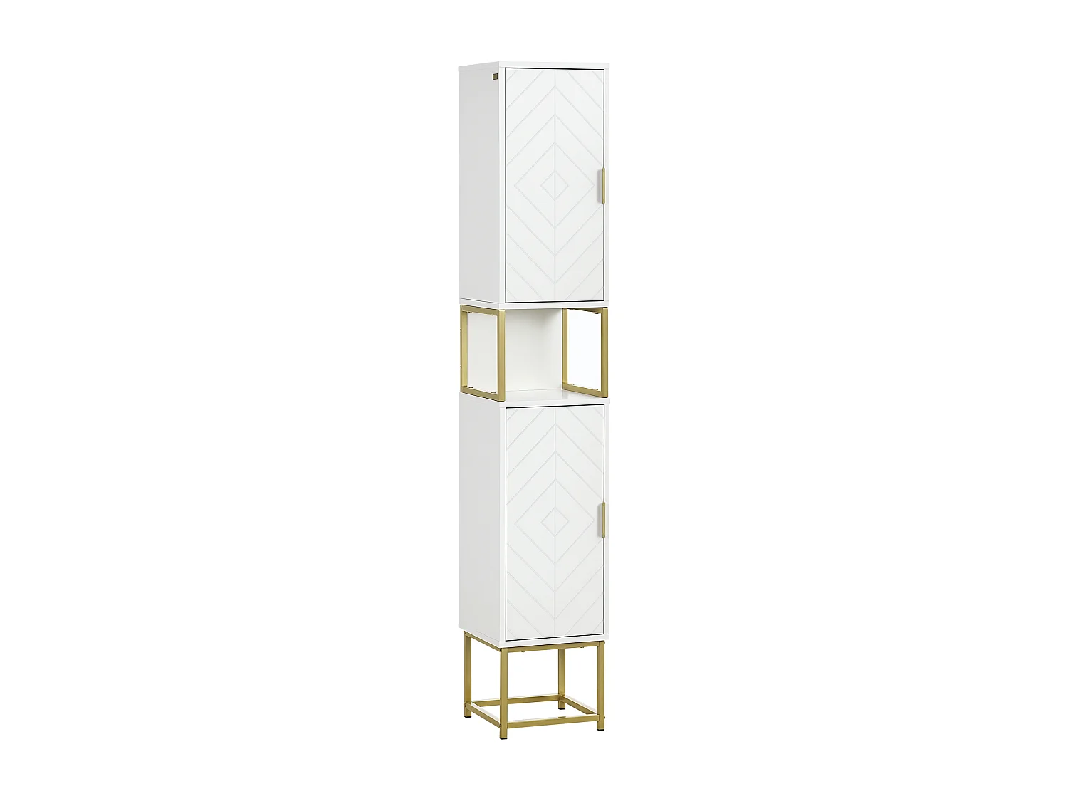 Meuble colonne rangement salle de bain design - 2 portes, 2 étagères, niche - acier doré MDF blanc
