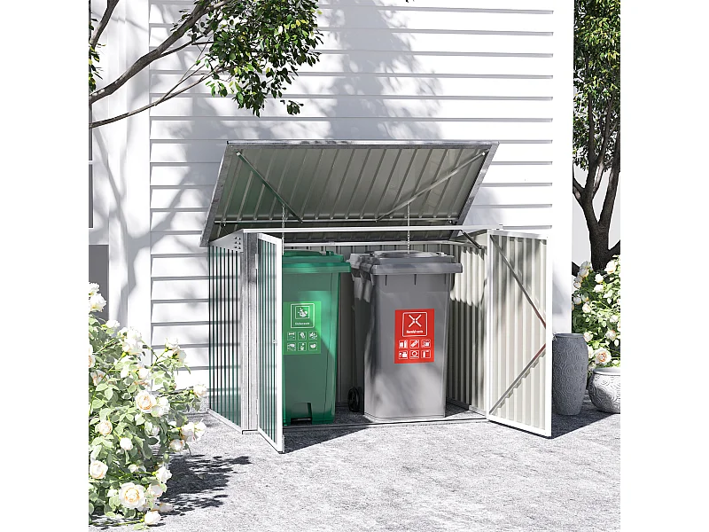 Abri de poubelle jardin - cache poubelle - 2 portes verrouillables, toit ouvrant - tôle d'acier blanc vert