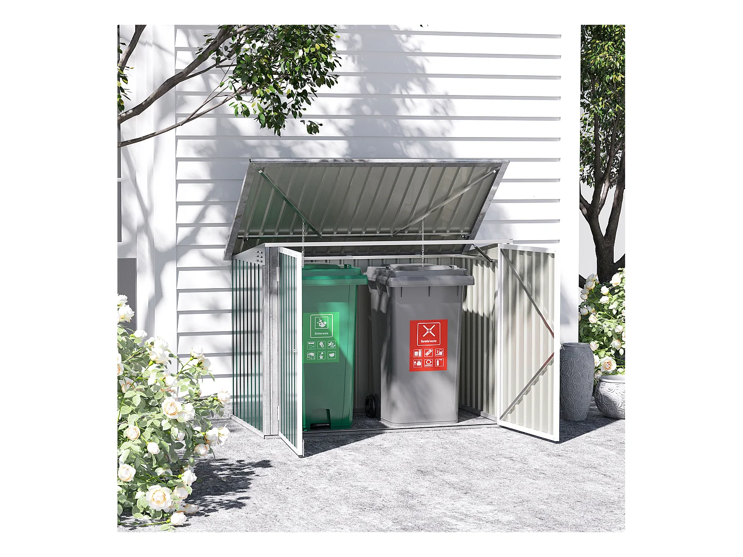 Abri de poubelle jardin - cache poubelle - 2 portes verrouillables, toit ouvrant - tôle d'acier blanc vert