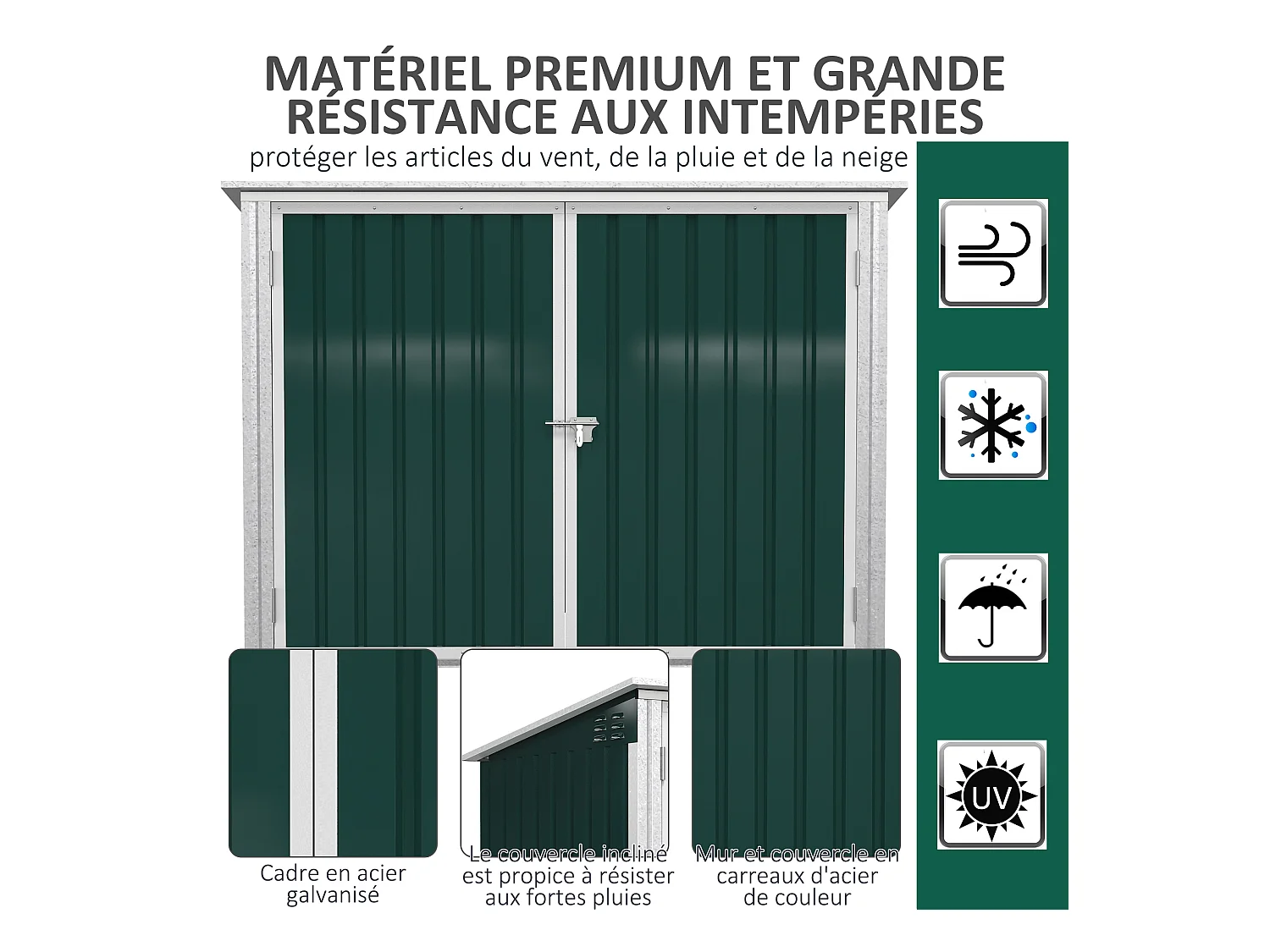 Abri de poubelle jardin - cache poubelle - 2 portes verrouillables, toit ouvrant - tôle d'acier blanc vert