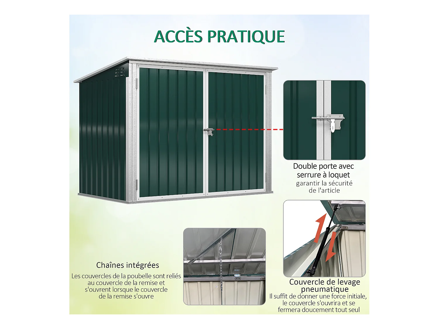 Abri de poubelle jardin - cache poubelle - 2 portes verrouillables, toit ouvrant - tôle d'acier blanc vert