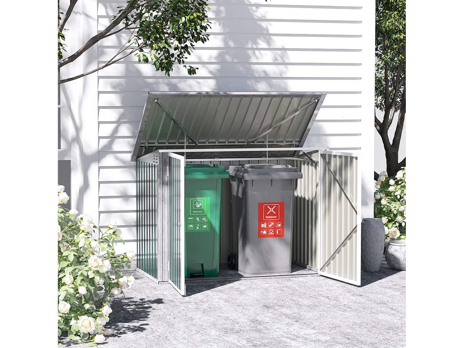 Abri de poubelle jardin - cache poubelle - 2 portes verrouillables, toit ouvrant - tôle d'acier blanc vert