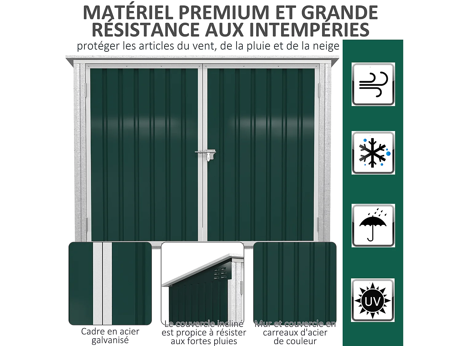 Abri de poubelle jardin - cache poubelle - 2 portes verrouillables, toit ouvrant - tôle d'acier blanc vert