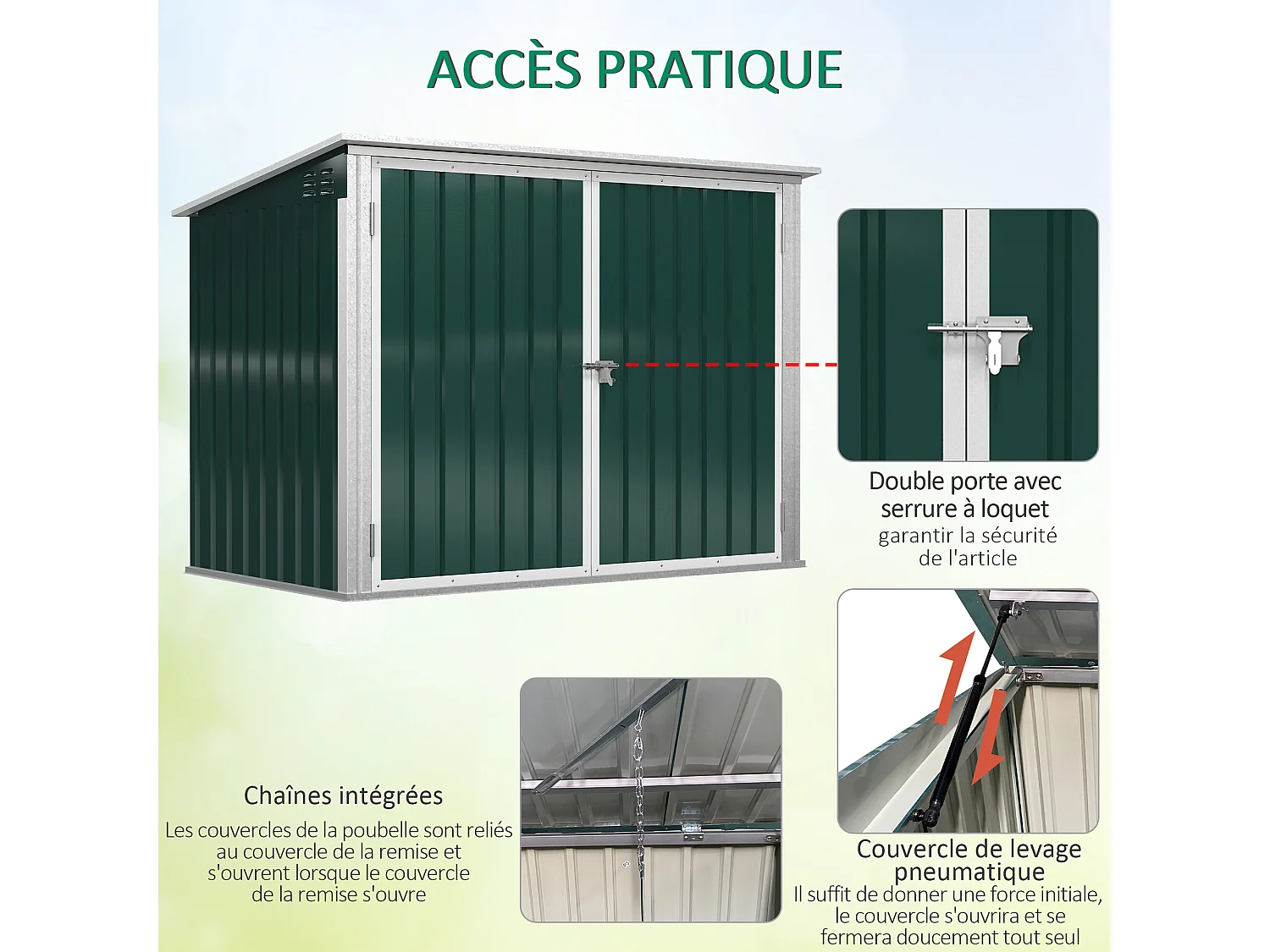 Abri de poubelle jardin - cache poubelle - 2 portes verrouillables, toit ouvrant - tôle d'acier blanc vert