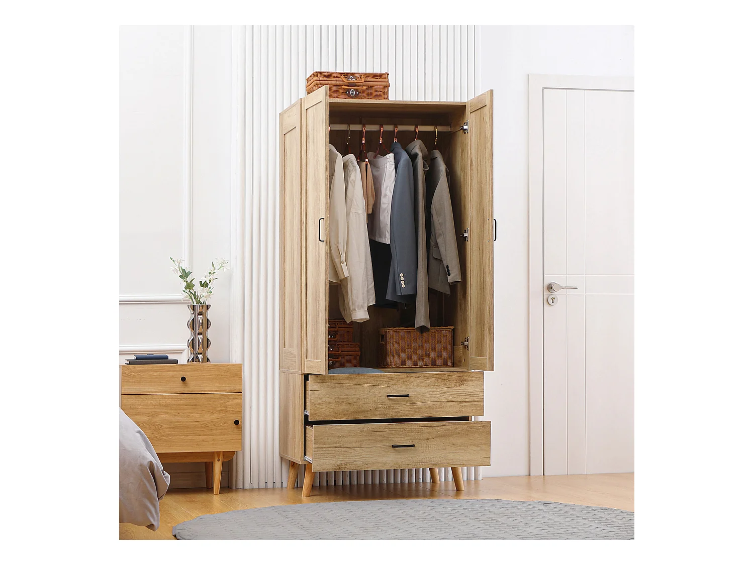Armoire de rangement design scandinave - armoire de chambre - placard 2 portes avec penderie - 2 tiroirs - aspect chêne clair
