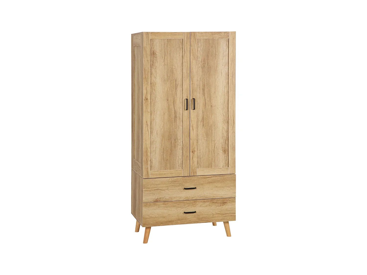 Armoire de rangement design scandinave - armoire de chambre - placard 2 portes avec penderie - 2 tiroirs - aspect chêne clair