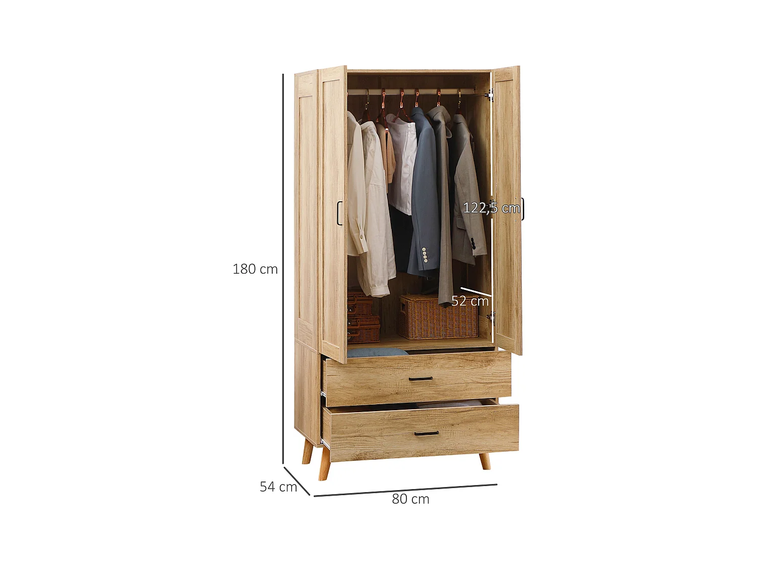 Armoire de rangement design scandinave - armoire de chambre - placard 2 portes avec penderie - 2 tiroirs - aspect chêne clair