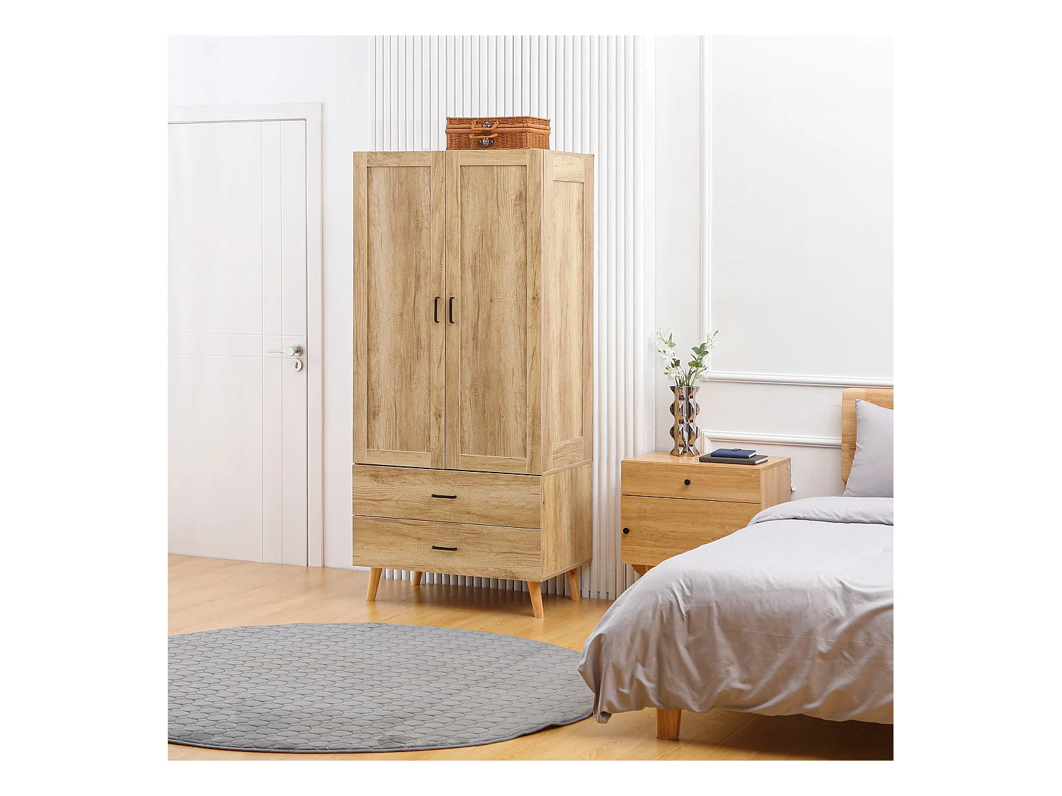 Armoire de rangement design scandinave - armoire de chambre - placard 2 portes avec penderie - 2 tiroirs - aspect chêne clair