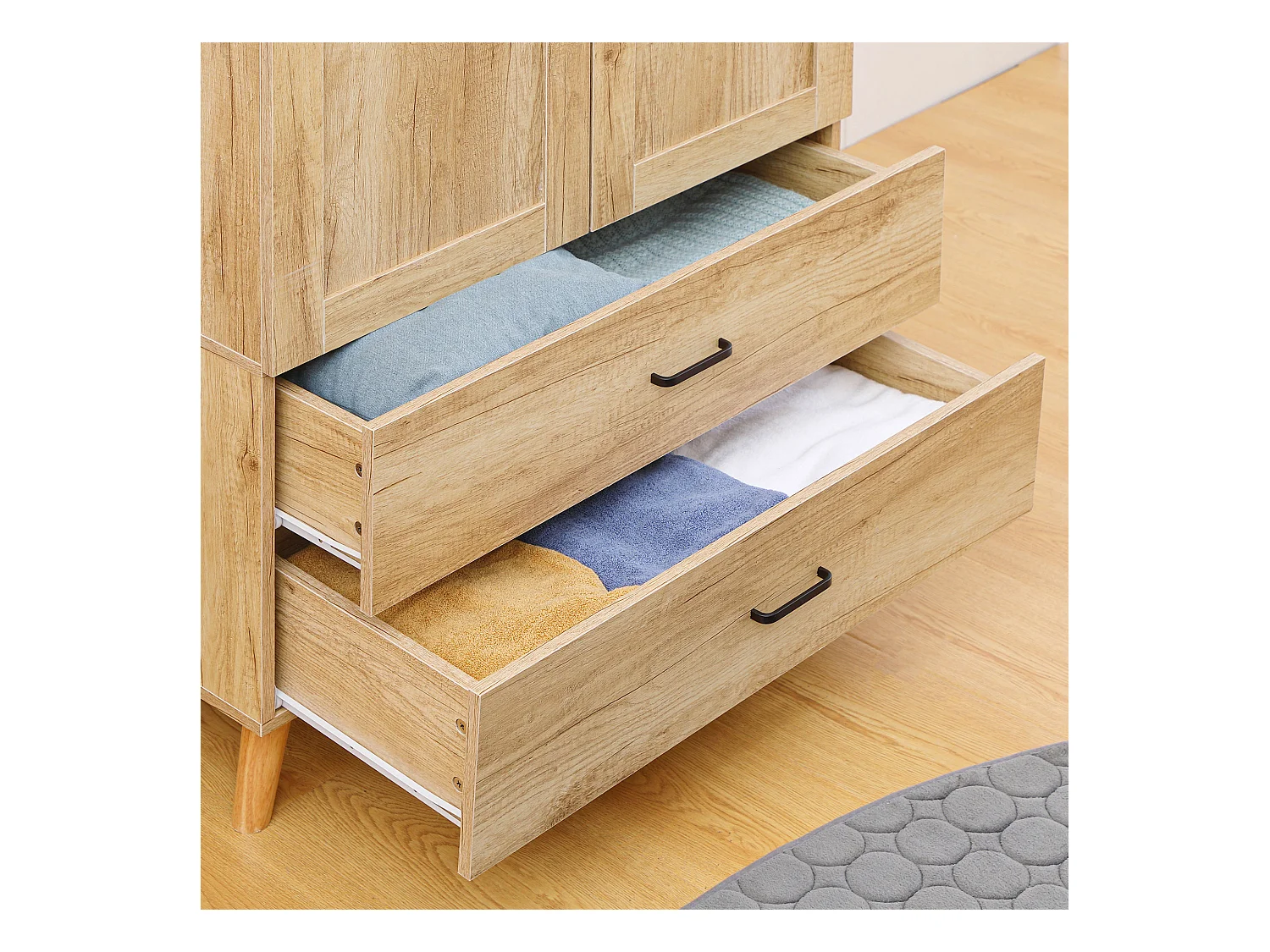 Armoire de rangement design scandinave - armoire de chambre - placard 2 portes avec penderie - 2 tiroirs - aspect chêne clair