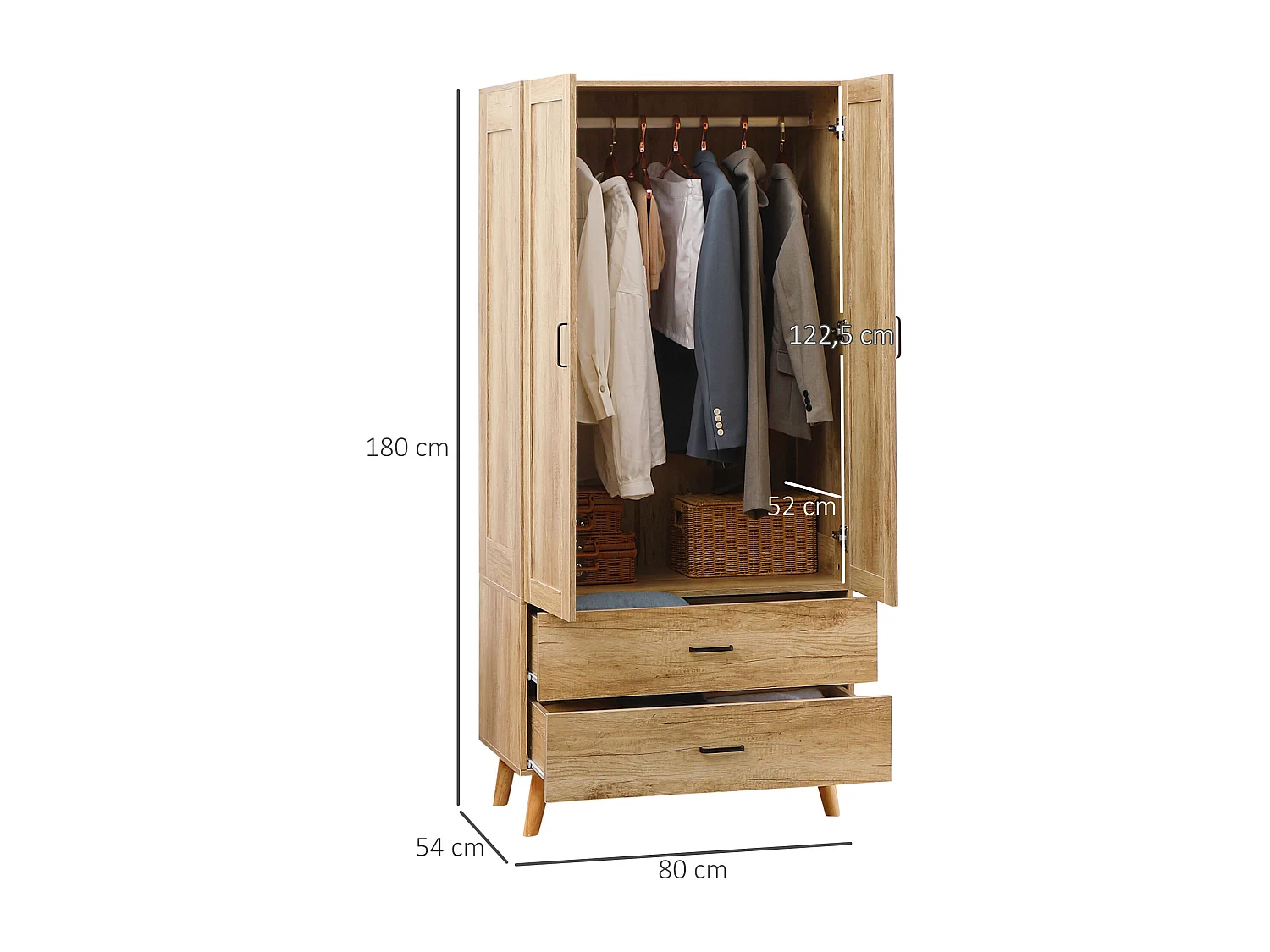 Armoire de rangement design scandinave - armoire de chambre - placard 2 portes avec penderie - 2 tiroirs - aspect chêne clair