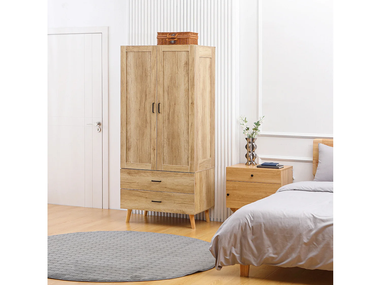 Armoire de rangement design scandinave - armoire de chambre - placard 2 portes avec penderie - 2 tiroirs - aspect chêne clair