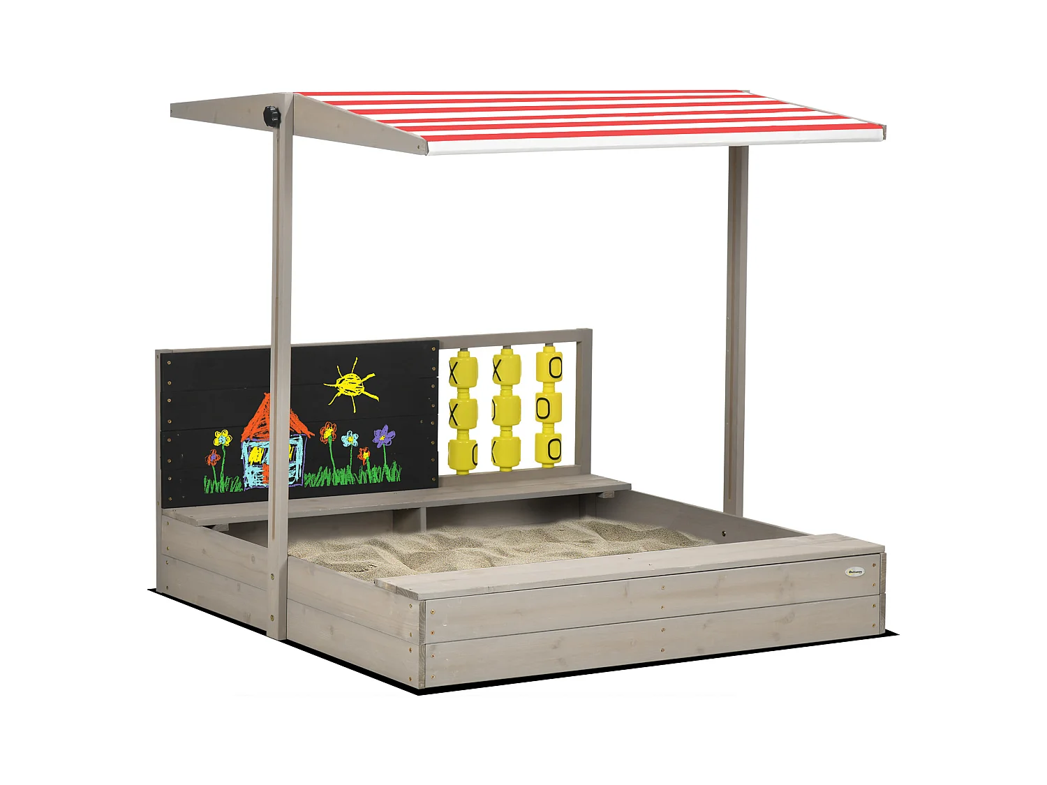 Bac à sable bois carré dim. 1,18L x 1,13l x 1,10H m - hauteur, inclinaison toit réglable, refermable - tableau, jeu - bois sapin gris