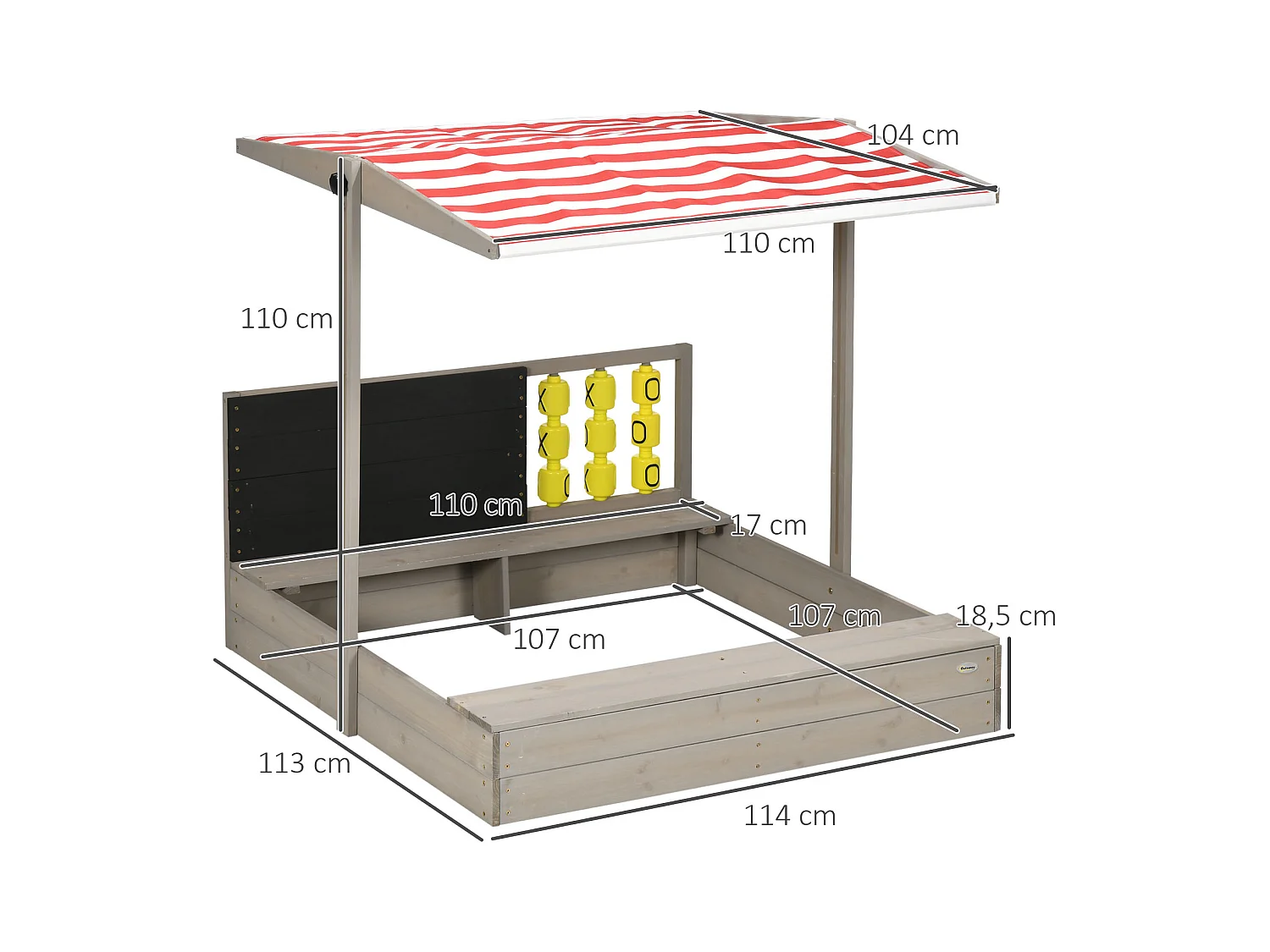 Bac à sable bois carré dim. 1,18L x 1,13l x 1,10H m - hauteur, inclinaison toit réglable, refermable - tableau, jeu - bois sapin gris