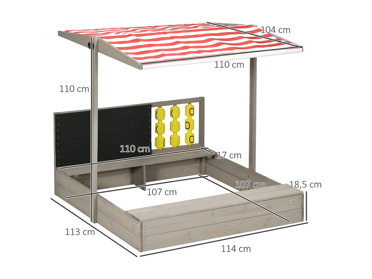 Bac à sable bois carré dim. 1,18L x 1,13l x 1,10H m - hauteur, inclinaison toit réglable, refermable - tableau, jeu - bois sapin gris