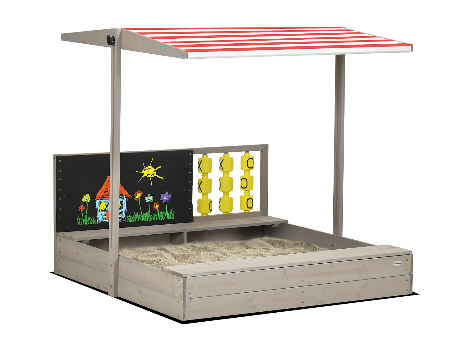 Bac à sable bois carré dim. 1,18L x 1,13l x 1,10H m - hauteur, inclinaison toit réglable, refermable - tableau, jeu - bois sapin gris