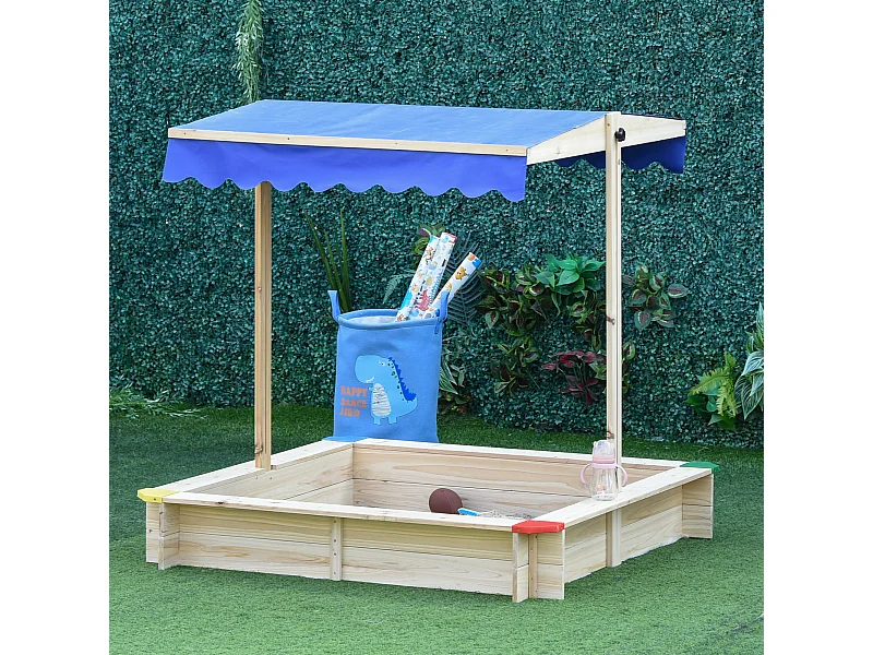 Bac à sable bois carré dim. 1,2L x 1,2l x 1,2H m - hauteur et inclinaison toit réglables - bois naturel de pin