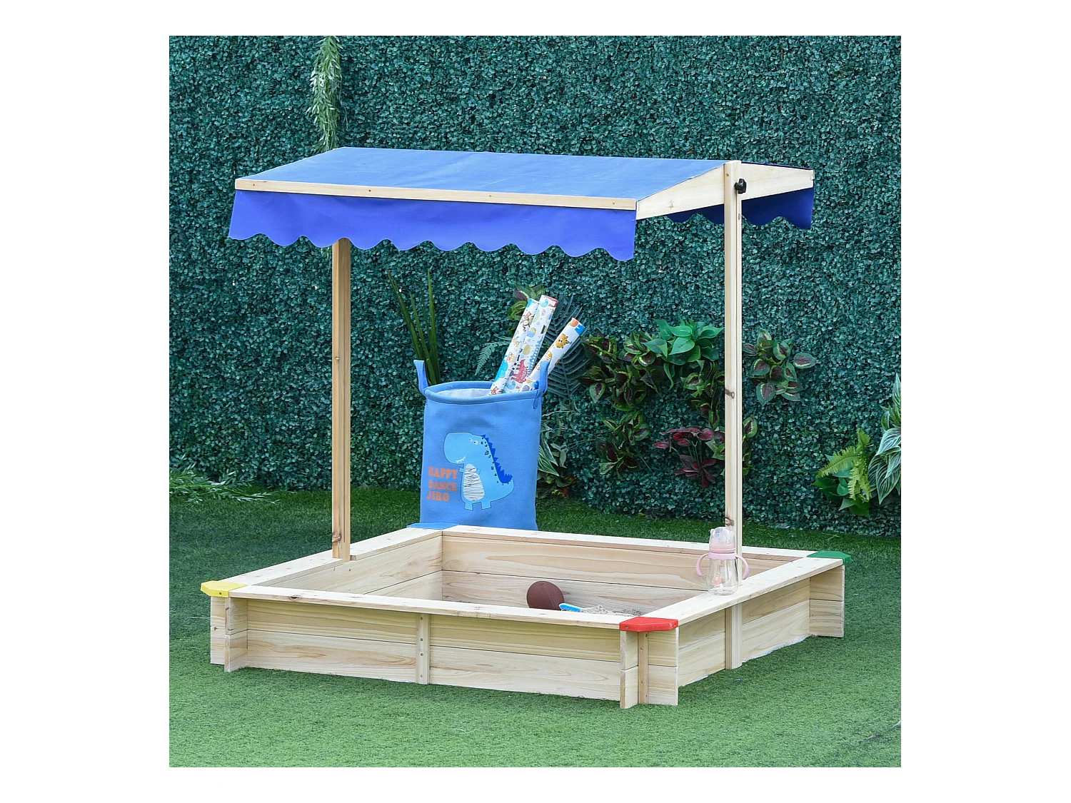 Bac à sable bois carré dim. 1,2L x 1,2l x 1,2H m - hauteur et inclinaison toit réglables - bois naturel de pin