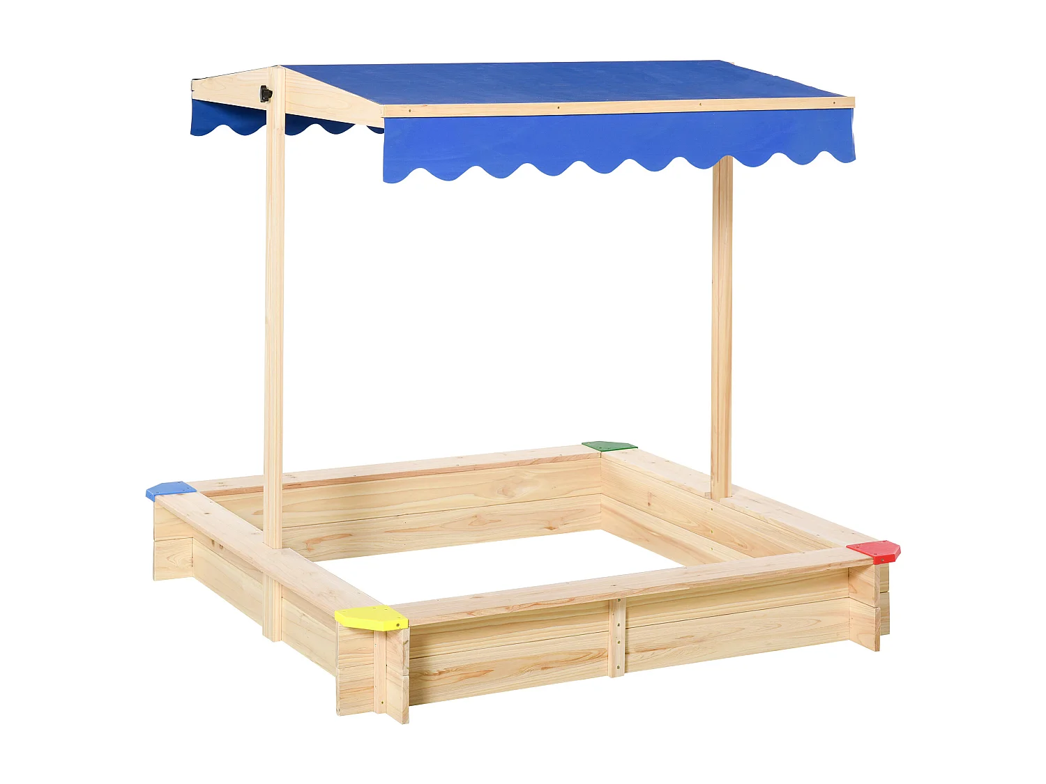 Bac à sable bois carré dim. 1,2L x 1,2l x 1,2H m - hauteur et inclinaison toit réglables - bois naturel de pin