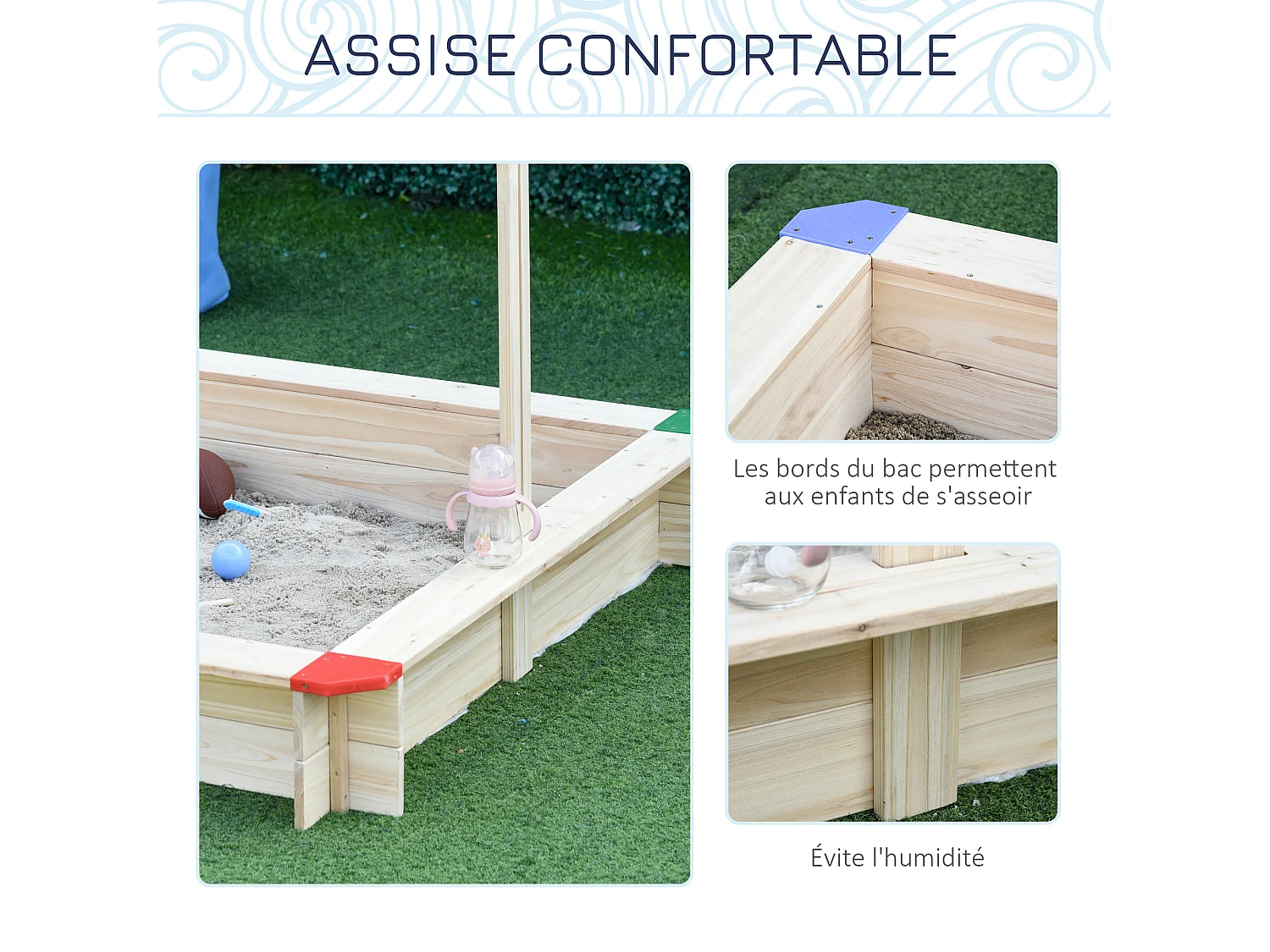 Bac à sable bois carré dim. 1,2L x 1,2l x 1,2H m - hauteur et inclinaison toit réglables - bois naturel de pin