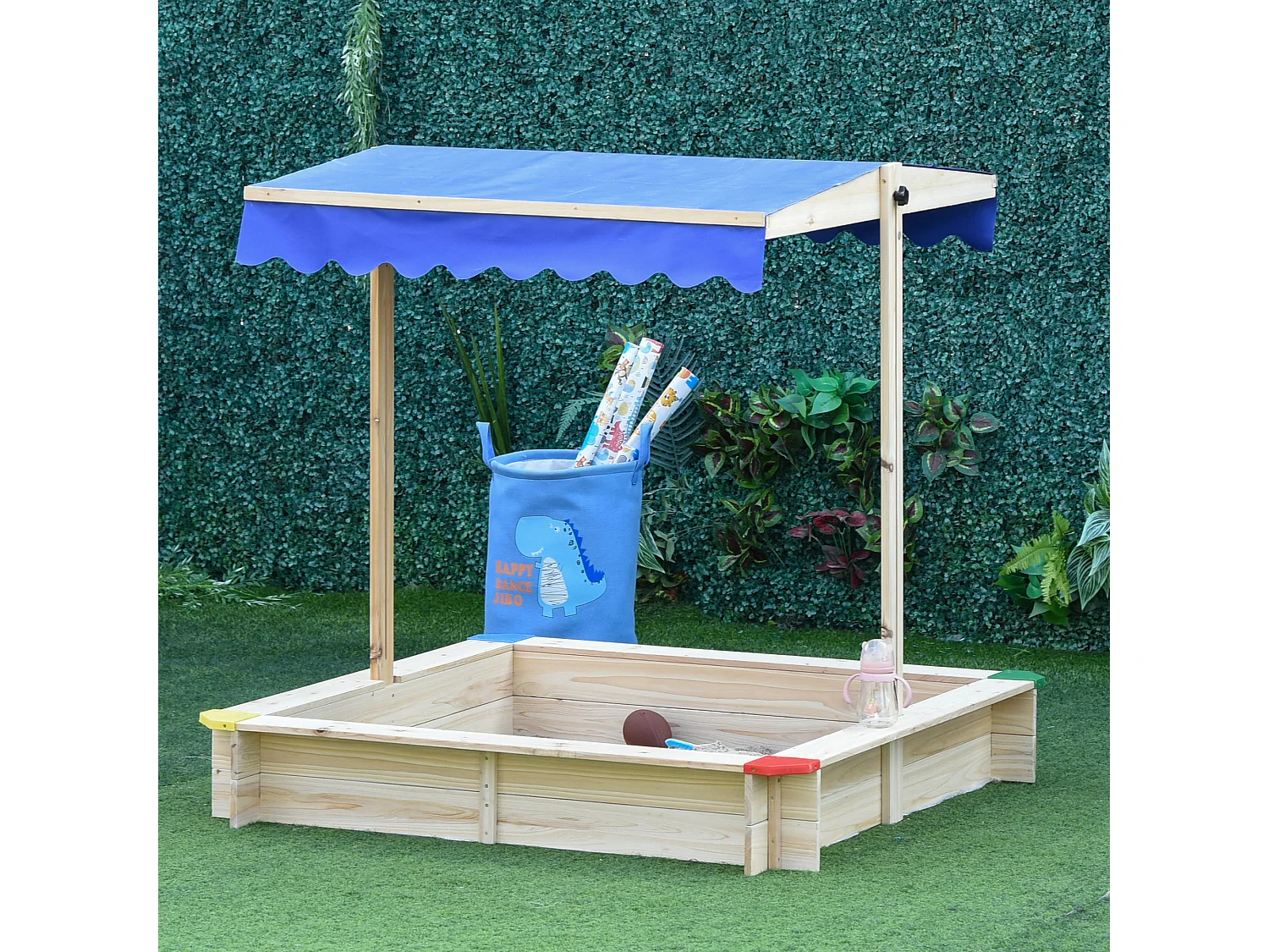 Bac à sable bois carré dim. 1,2L x 1,2l x 1,2H m - hauteur et inclinaison toit réglables - bois naturel de pin