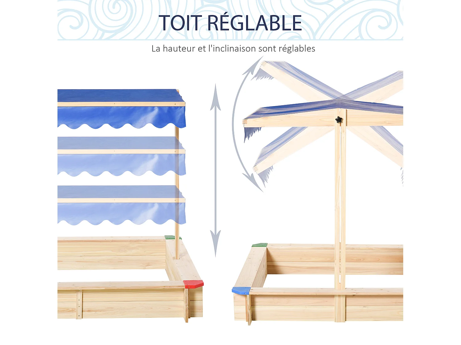 Bac à sable bois carré dim. 1,2L x 1,2l x 1,2H m - hauteur et inclinaison toit réglables - bois naturel de pin