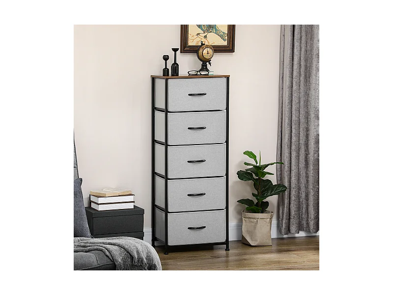 Chiffonnier rangement 5 tiroirs - dim. 45L x 30l x 116H cm - structure acier noir tissu pliant gris