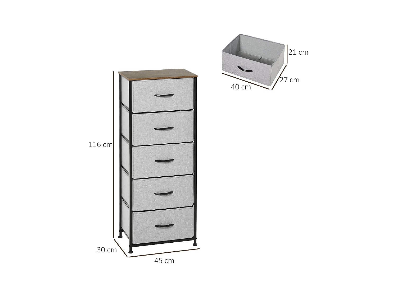 Chiffonnier rangement 5 tiroirs - dim. 45L x 30l x 116H cm - structure acier noir tissu pliant gris
