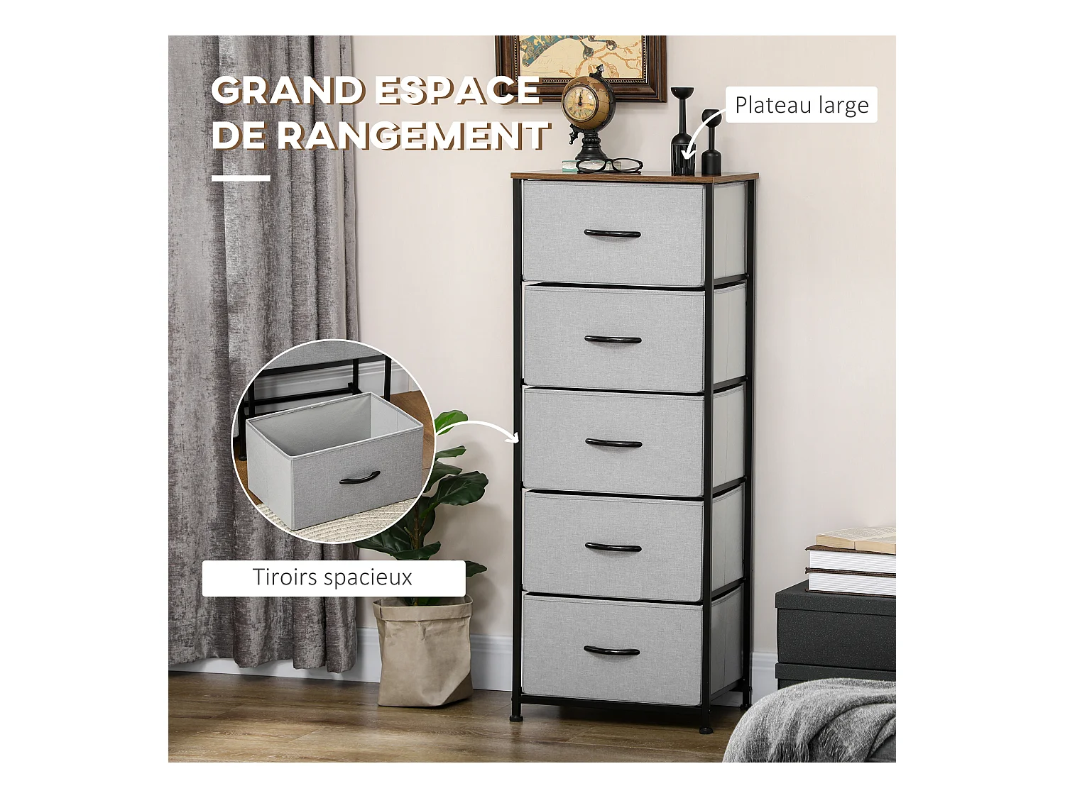 Chiffonnier rangement 5 tiroirs - dim. 45L x 30l x 116H cm - structure acier noir tissu pliant gris
