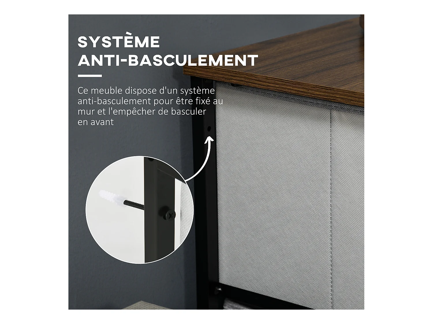 Chiffonnier rangement 5 tiroirs - dim. 45L x 30l x 116H cm - structure acier noir tissu pliant gris