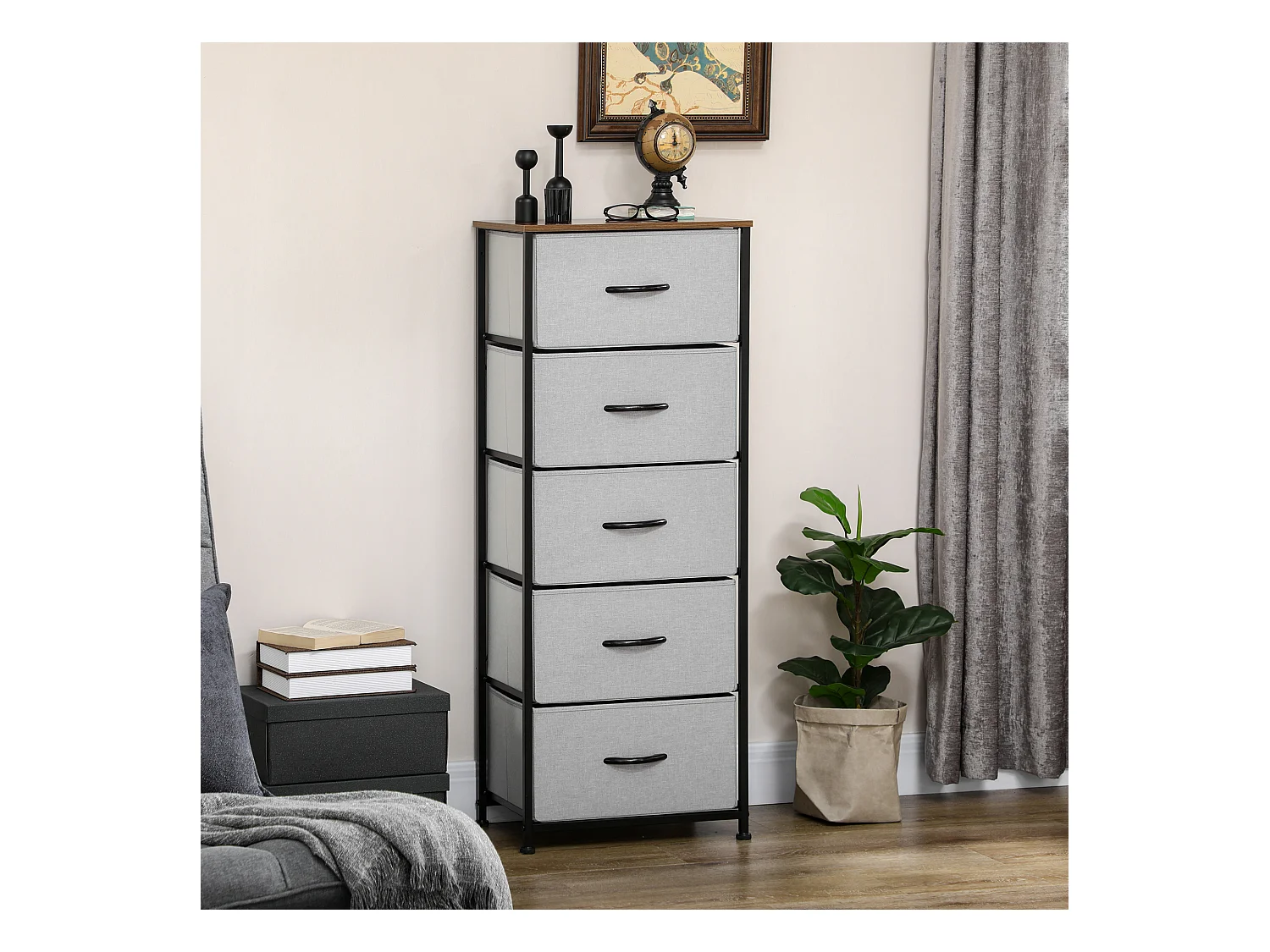 Chiffonnier meuble de rangement 5 tiroirs - dim. 45L x 30l x 116H cm - structure acier noir tissu pliant gris