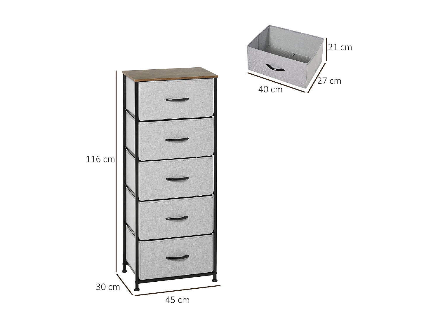 Chiffonnier rangement 5 tiroirs - dim. 45L x 30l x 116H cm - structure acier noir tissu pliant gris