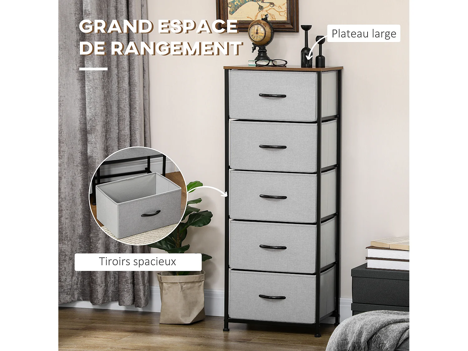 Chiffonnier rangement 5 tiroirs - dim. 45L x 30l x 116H cm - structure acier noir tissu pliant gris