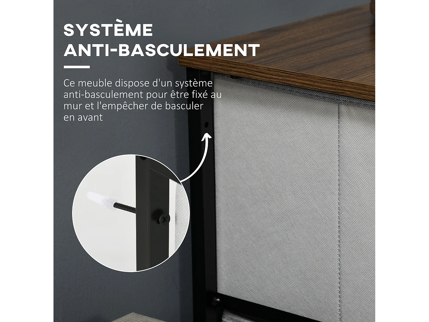 Chiffonnier rangement 5 tiroirs - dim. 45L x 30l x 116H cm - structure acier noir tissu pliant gris