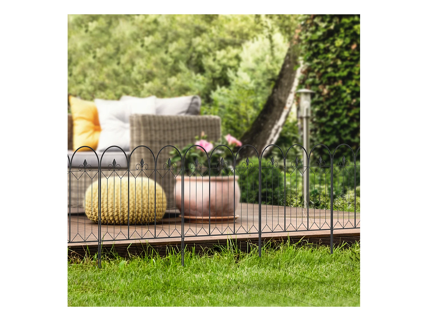 Lot de 5 clôtures de jardin décoratives en métal avec ornements - dim. totales 305L x 79,5H cm - noir
