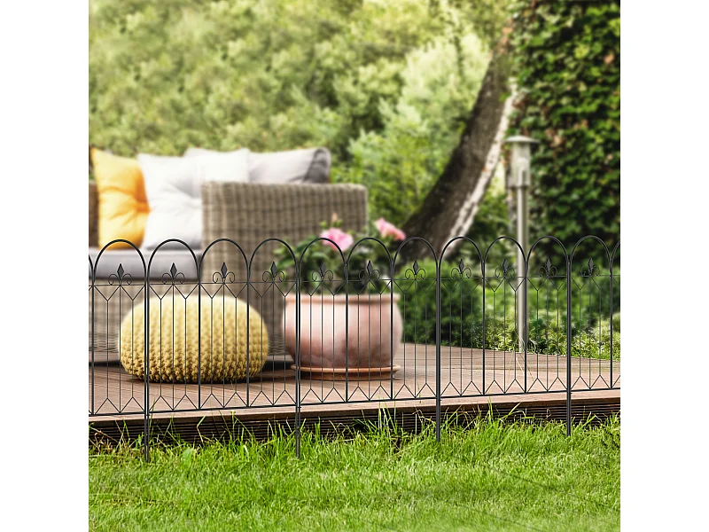 Lot de 5 clôtures de jardin décoratives en métal avec ornements - dim. totales 305L x 79,5H cm - noir