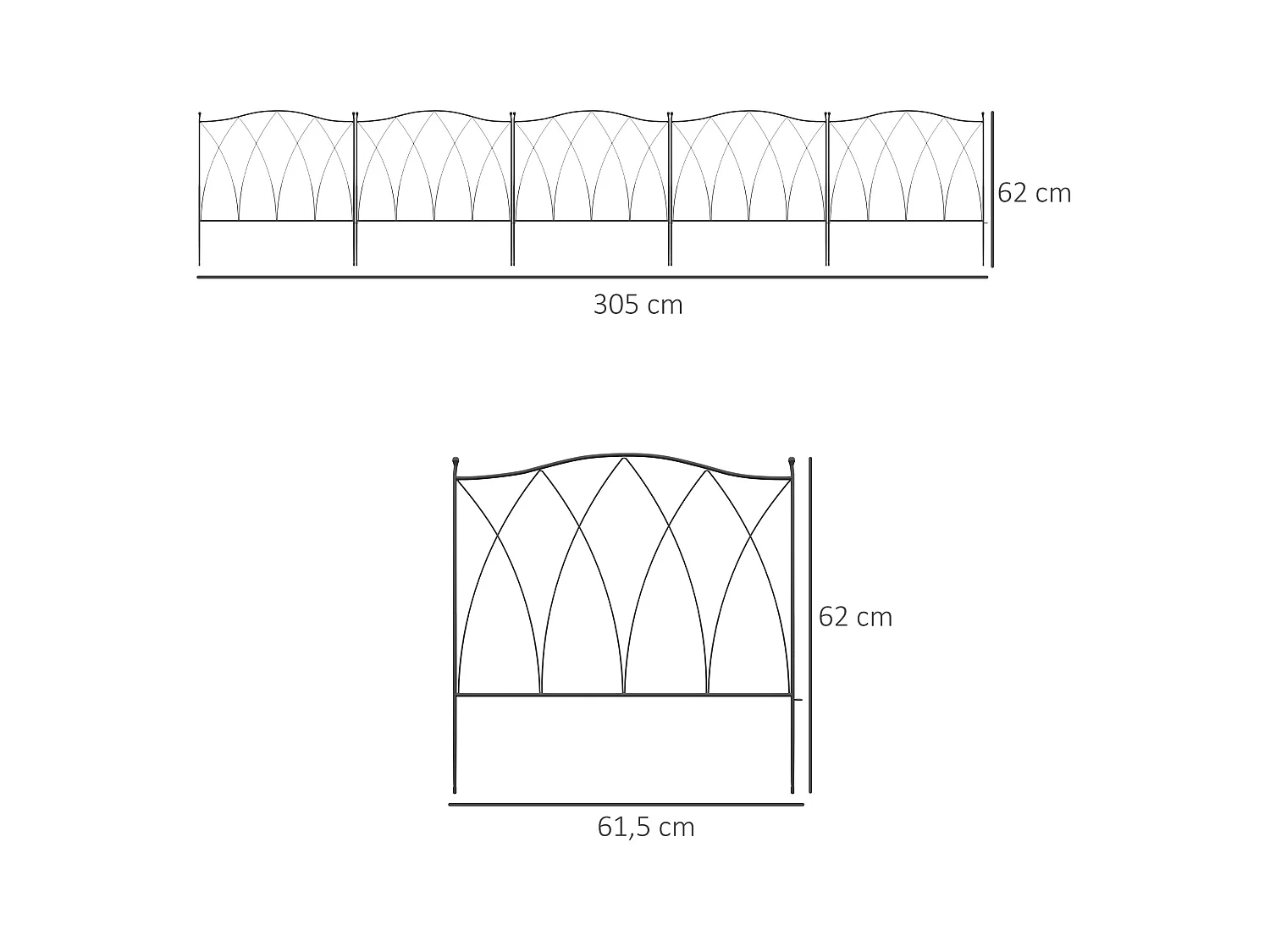 Lot de 5 clôtures de jardin décoratives en métal avec ornements - dim. totales 305L x 62H cm - noir
