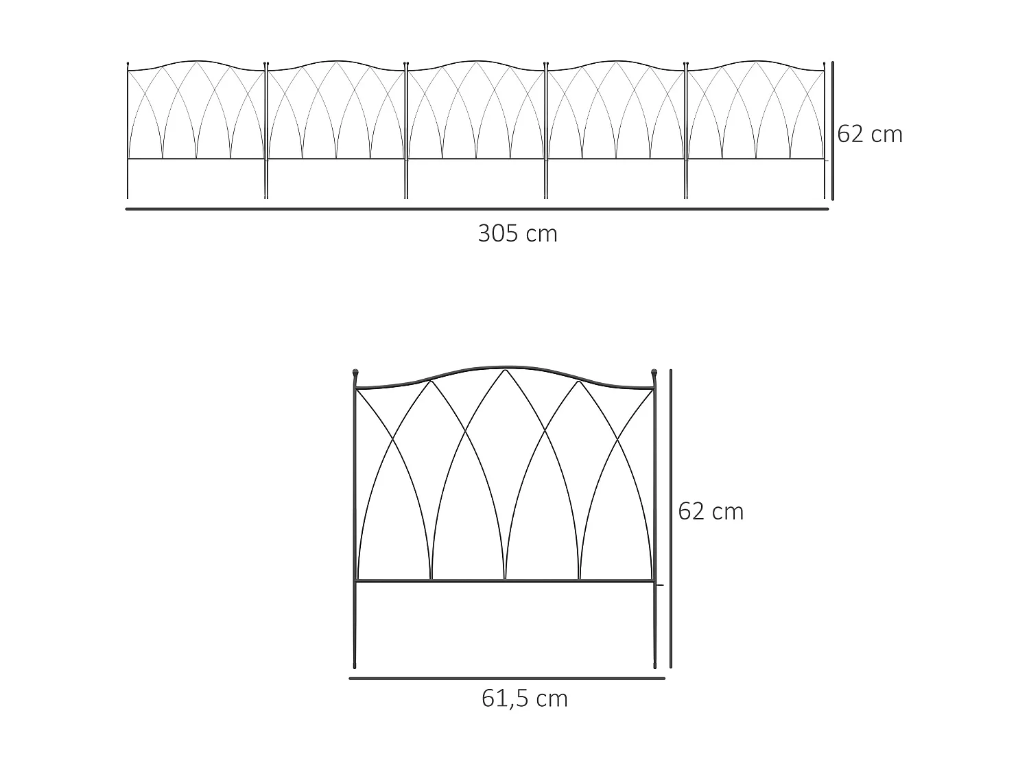 Lot de 5 clôtures de jardin décoratives en métal avec ornements - dim. totales 305L x 62H cm - noir