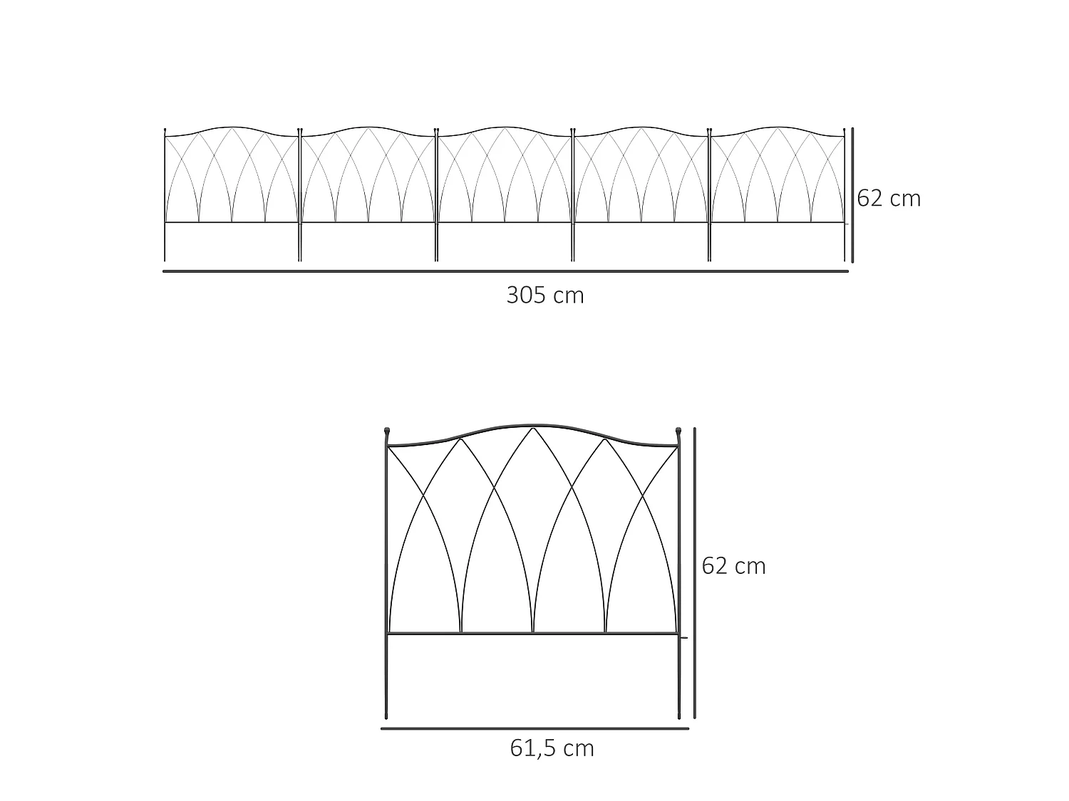 Lot de 5 clôtures de jardin décoratives en métal avec ornements - dim. totales 305L x 62H cm - noir
