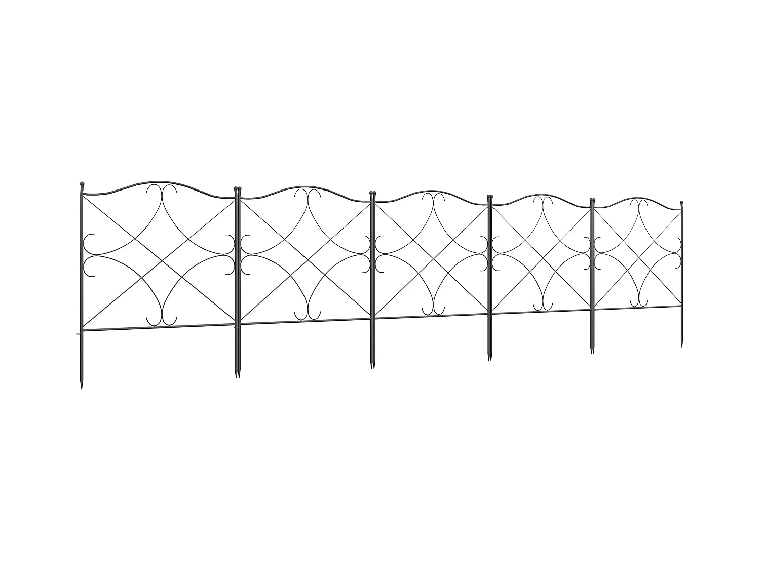 Lot de 5 clôtures de jardin décoratives en métal avec ornements - dim. totales 305L x 62H cm - noir